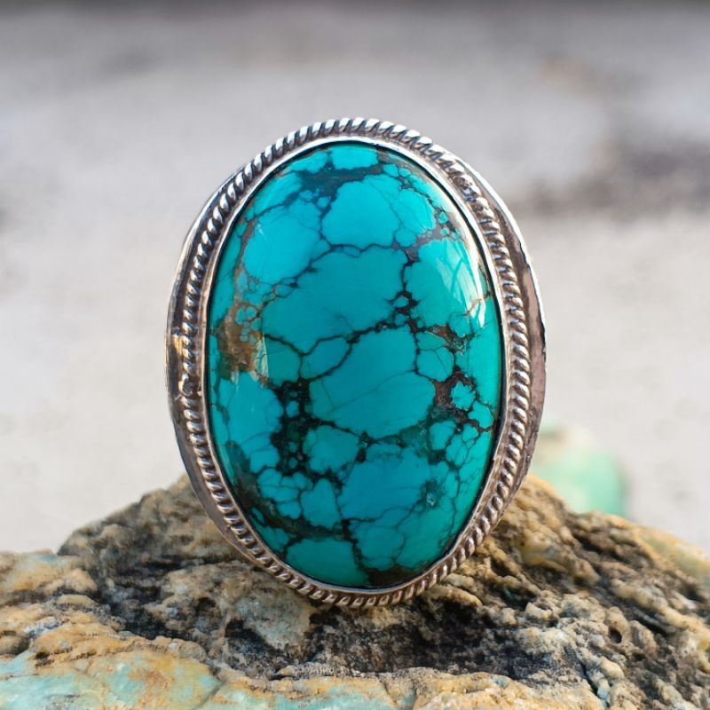 Jual pirus Tibet biru urat jala ring perak | Shopee Indonesia
