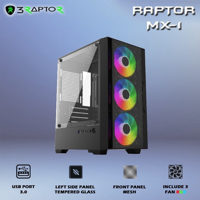 Jual CASING GAMING RAPTOR MX-1 MX1 + 3 FAN RGB - FRONT MESH AIRFLOW ...