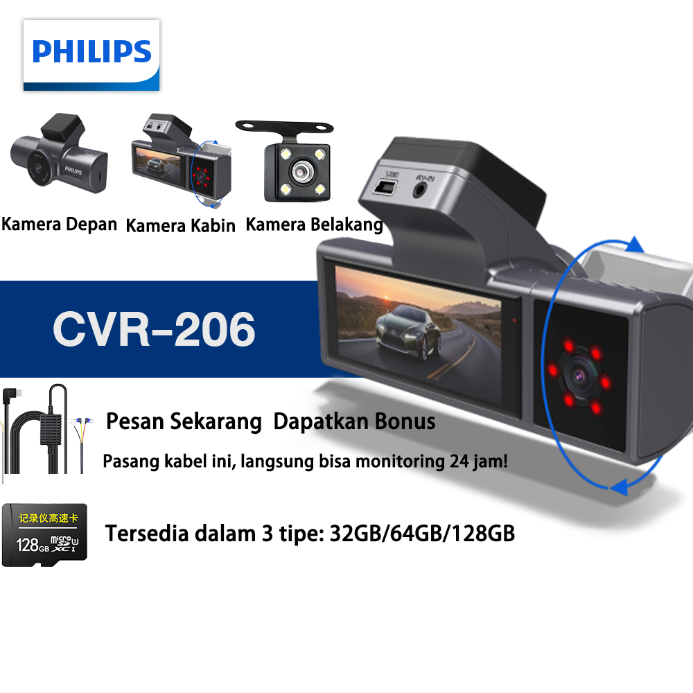 Jual Philips CVR-206 3 Cameras Dashcam Mobil Depan Belakang 1080P Night ...