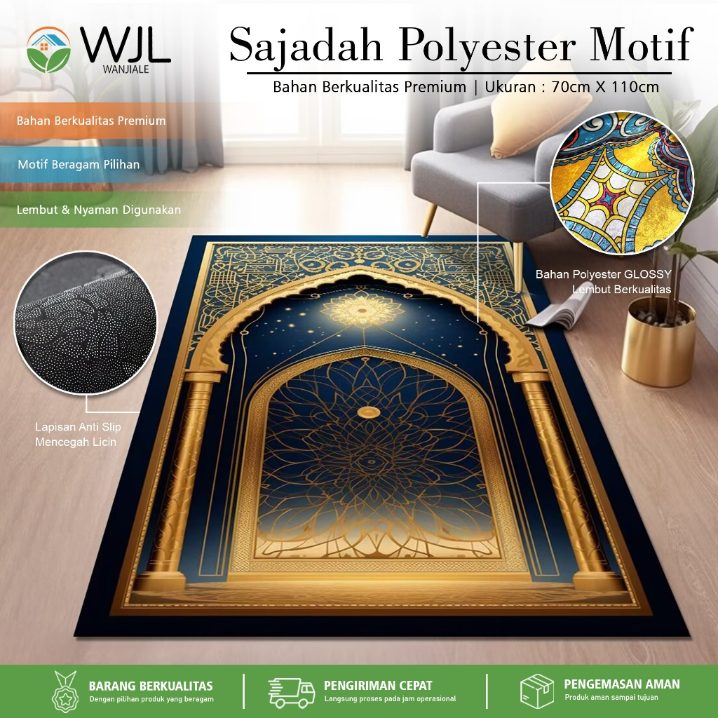WANJIALE Sajadah Tebal Premium Kubah Motif Anti Slip Turki Ukuran Standar Besar Nyaman & Lembut