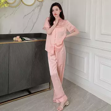 Baju Tidur Piyama Sutra Satin Korean Style Baju Tidur Wanita Setelan Lengan Pendek Celana