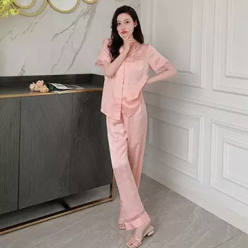 Baju Tidur Piyama Wanita Sutra Sintetis Baju Tidur Wanita Setelan Lengan Pendek Celana Panjang