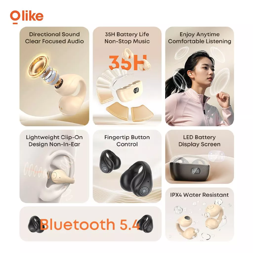 OLIKE True Wireless Earphone OW6 Open Ear Earphone Bluetooth 5.4 Bass MAX 35 Jam Playtime Tahan Air IPX4 Water Resistan