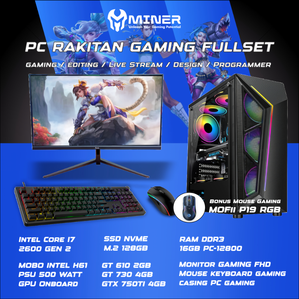 MINER PC Rakitan Gaming/Desain Fullset Intel Core I7 2600 SSD NVME 128GB/Ram 16GB/HDD 500GB