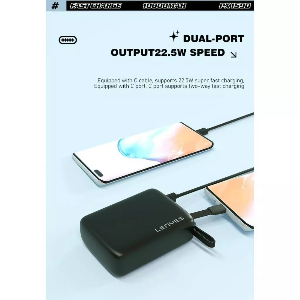LENYES PX159D Super Mini Powerbank 10000mAh Fast Charging 22.5W Built In Cable Type C Output Power Bank