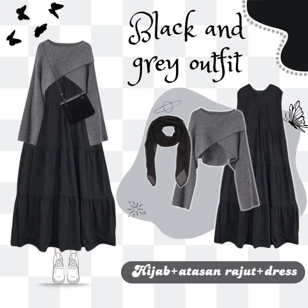 One Set Wanita 3 in 1 Korean Style | Atasan Rajut Silang Dark Grey Premium + Inner Dress Hyget Hitam Busui Friendly + Bella Square | Outfit Hijab Simple Elegan OOTD | Fashion Muslim Kekinian UD17