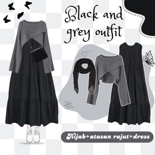 One Set Wanita 3 in 1 Korean Style | Atasan Rajut Silang Dark Grey Premium + Inner Dress Hyget Hitam Busui Friendly + Bella Square | Outfit Hijab Simple Elegan OOTD | Fashion Muslim Kekinian UD17