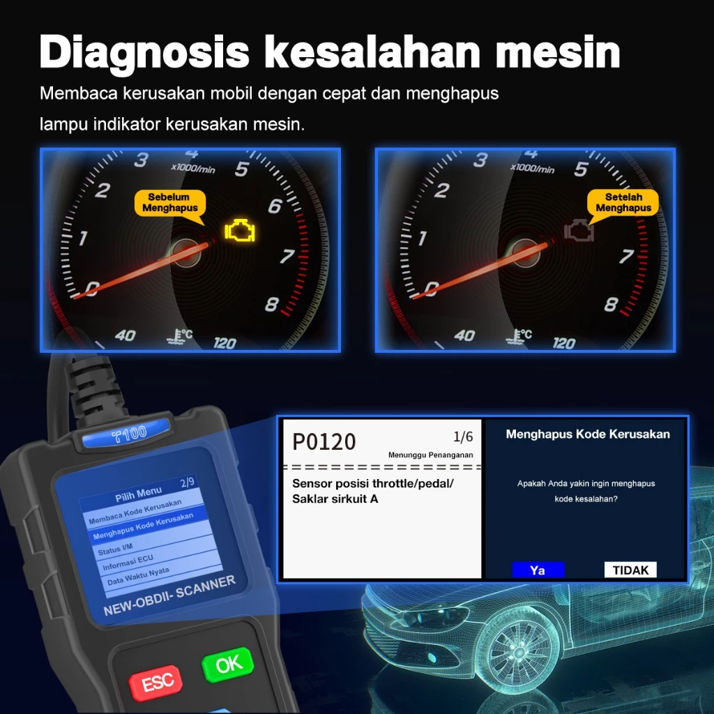 Jual COD Scanner OBD2 T100 – Alat Diagnostik Mobil Universal, Baca Kode ...