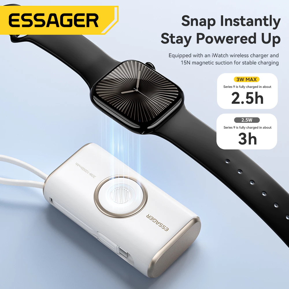ESSAGER 10000mAh PD30W Pengisi Daya Nirkabel Jam Tangan Bank Daya Portabel Kabel Data Tipe C Adaptor