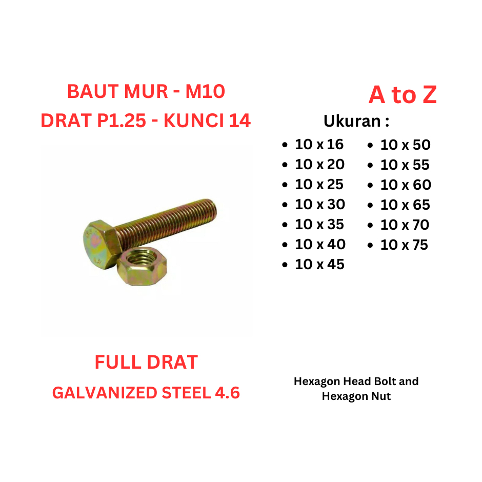 Jual Baut Mur Kuning - M10 x 16 / 20 / 25 / 30 / 35 / 40 / 45 / 50 / 55 ...