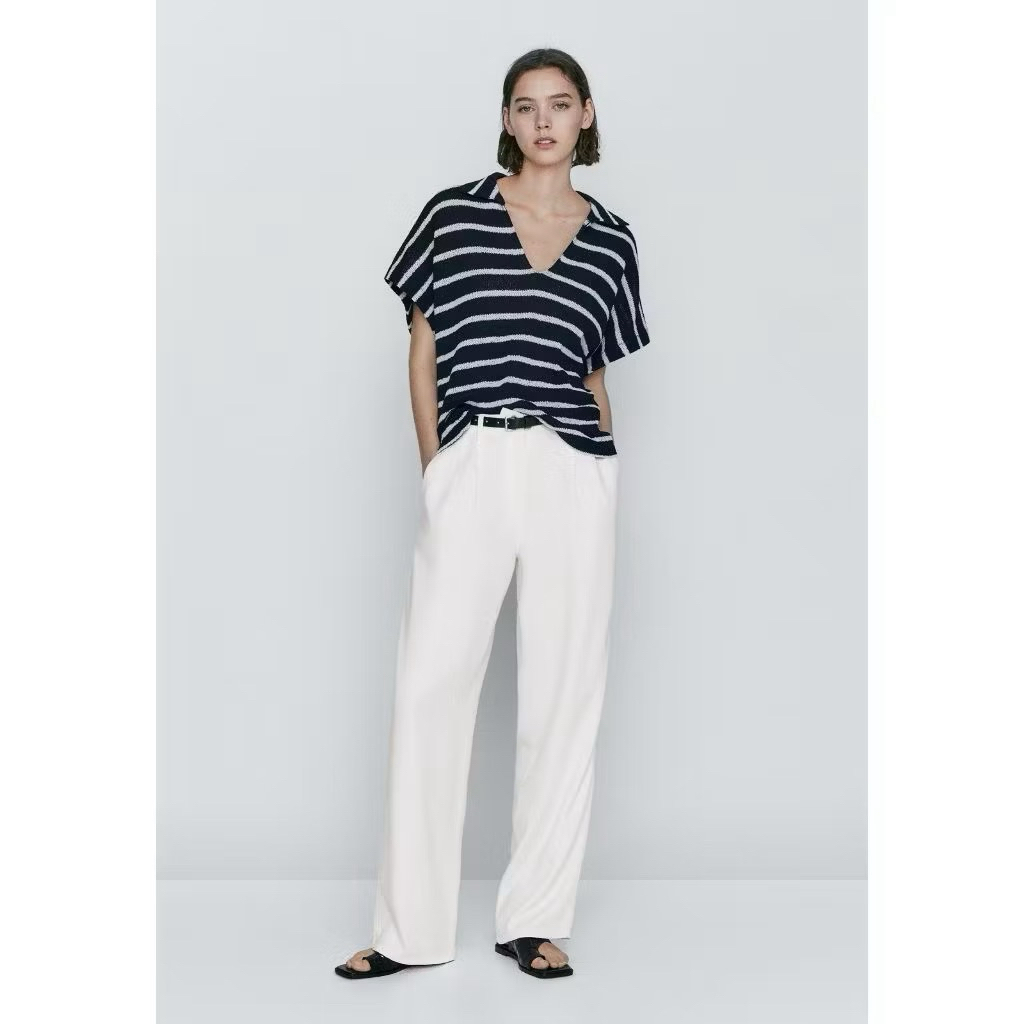 Jual Blouse Knit Z*raa V Striped Tangan Pendek | Shopee Indonesia