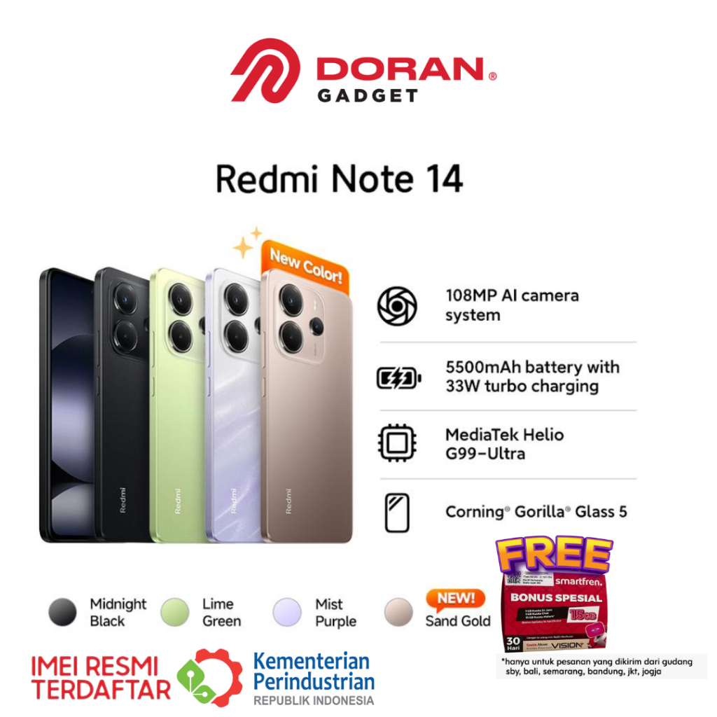 Xiaomi Redmi Note 14 4G LTE 8/128GB 8/256GB RAM 8GB ROM 128GB 256GB  Garansi Resmi Tahun