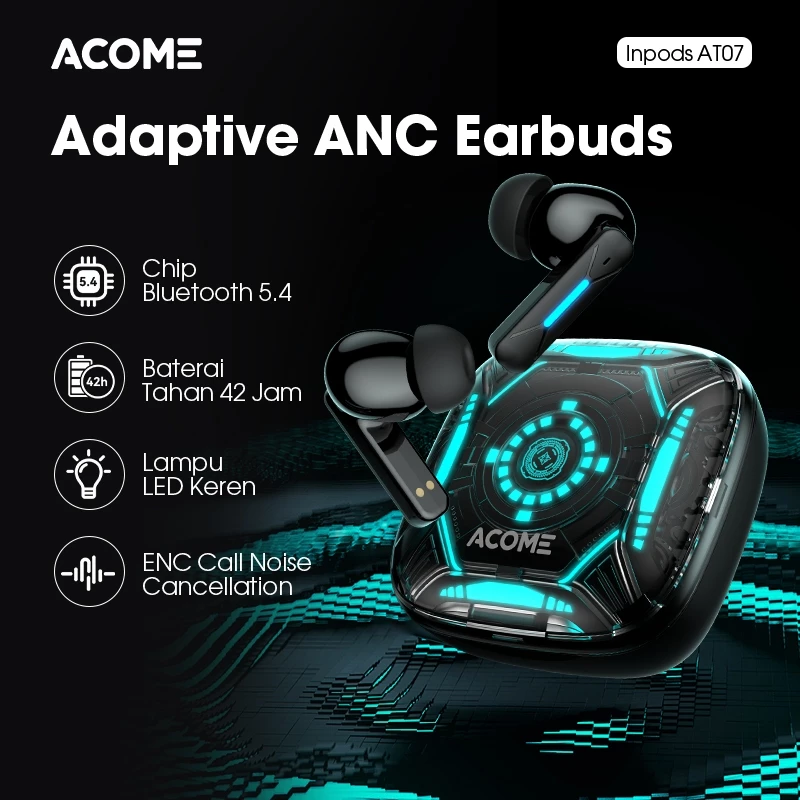 ACOME TWS Inpods AT07 Headset Earphone Bluetooth 5.4 RGB Support Gaming Mode IPX4 Waterproof Deep Noise Cancellation