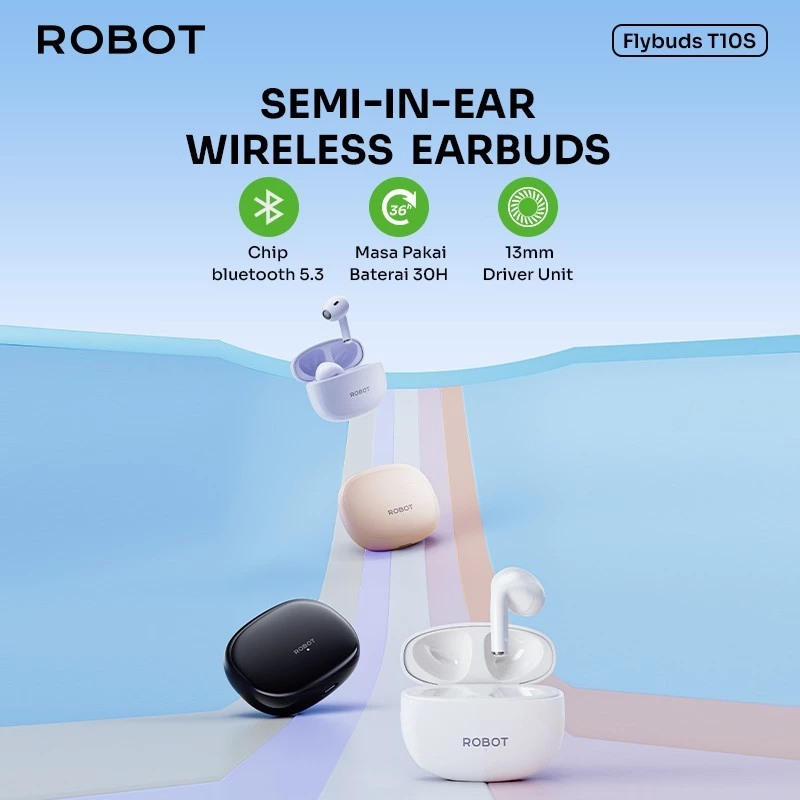 ROBOT TWS Flybuds T10S Semi In Ear Wireless Earbuds Bluetooth 5.3 - Garansi 1 Tahun
