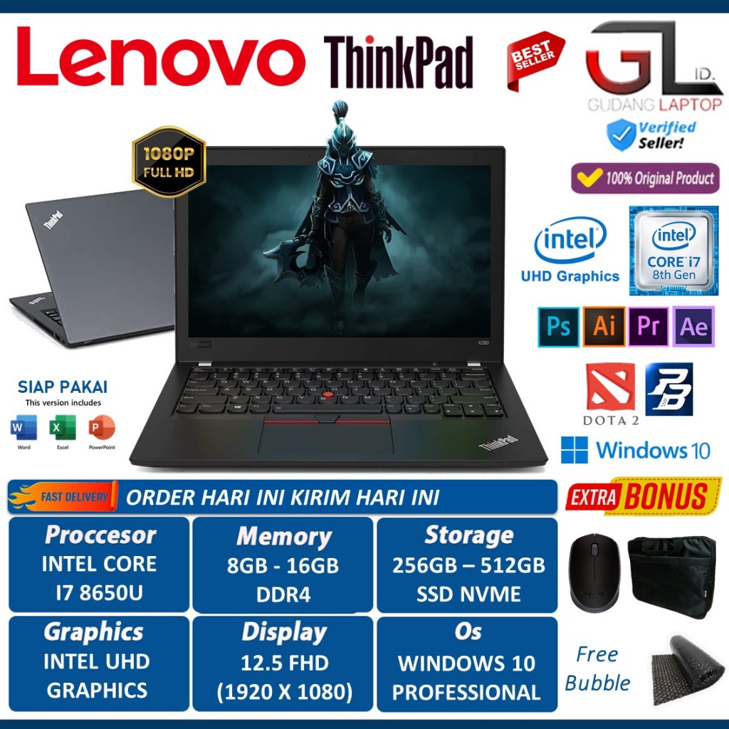 Jual Laptop Murah Lenovo Thinkpad X280 Intel I7 8650U 16GB 512GB SSD 12