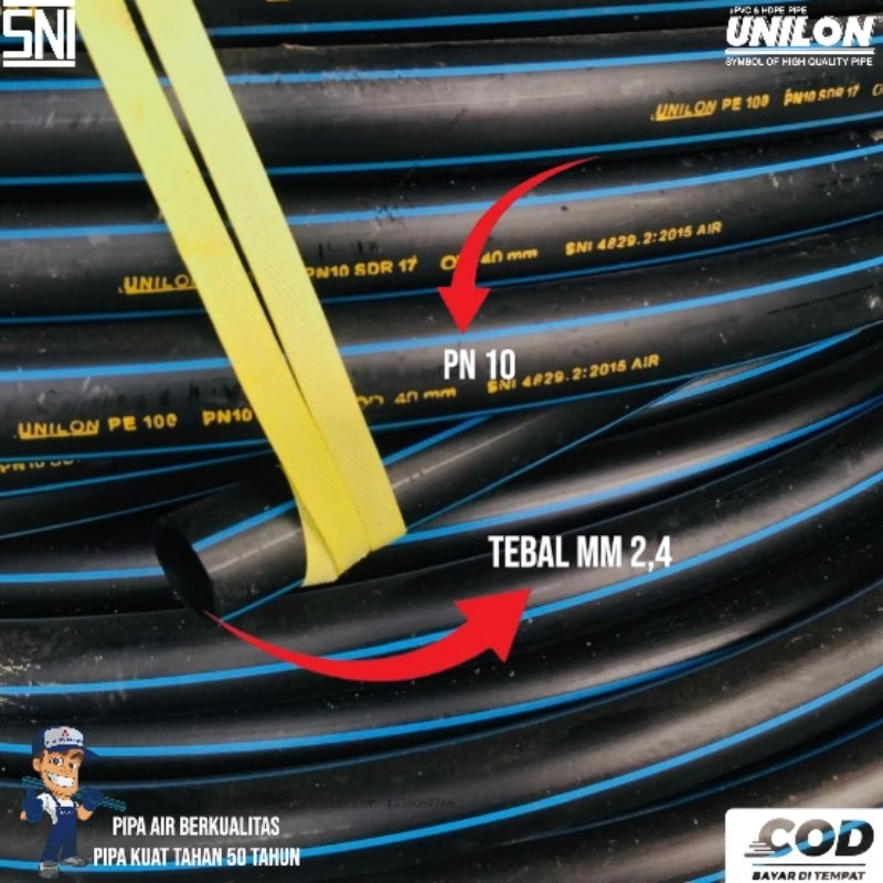 Jual Pipa Hdpe unilon Pn 10 Ukuran 1 ¼ Inch Atau 40Mm Panjang 100 meter ...