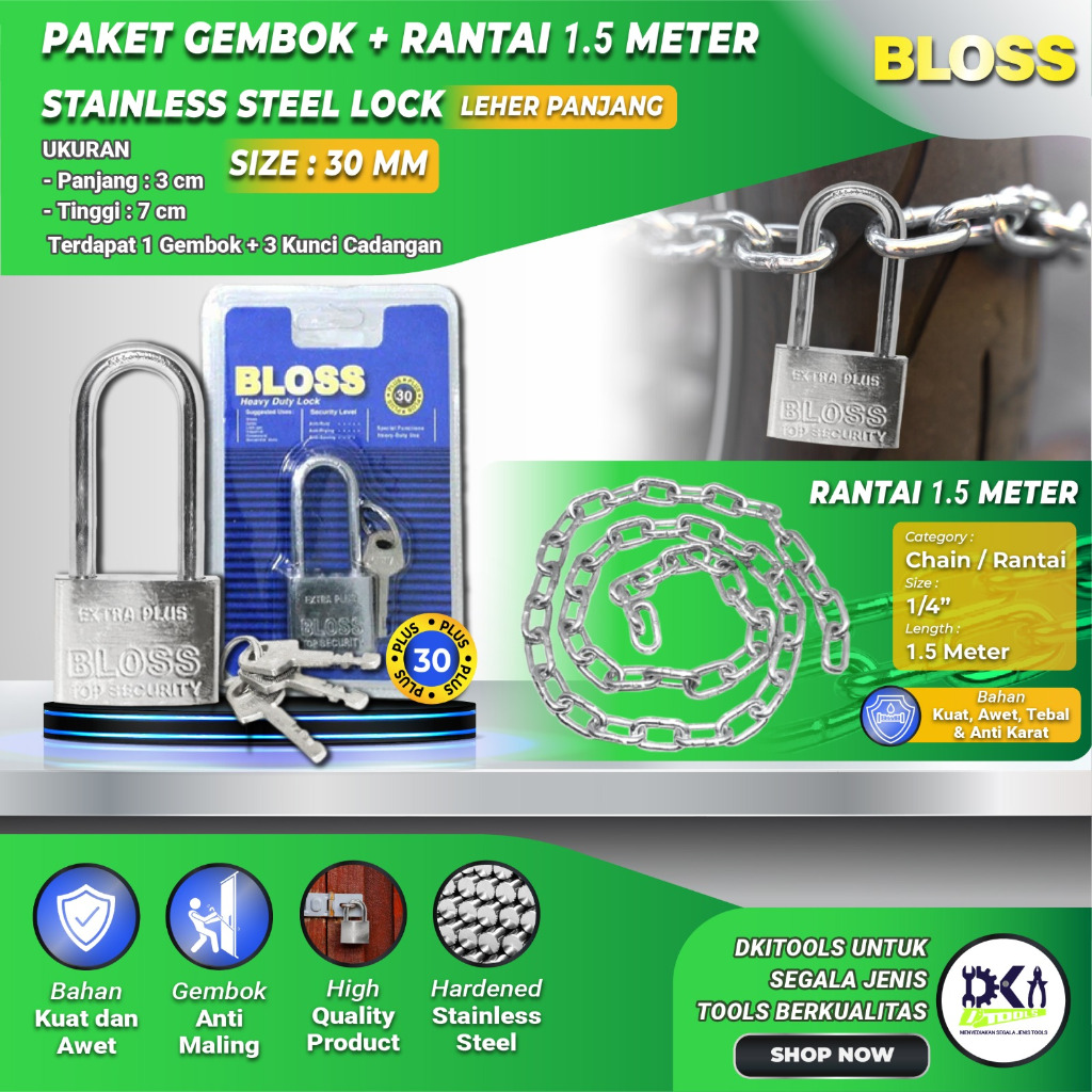 Jual Paket Gembok 30MM BLOSS Panjang + Rantai 1.5 & 3 6 8 Meter Kuat ...
