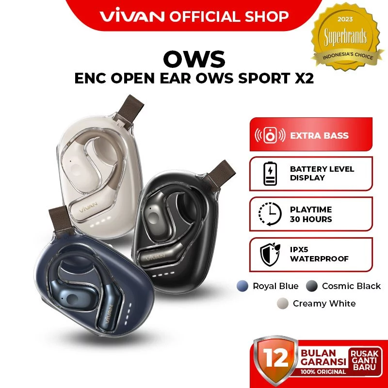 VIVAN SPORT X2 OWS Open Ear TWS IPX5 Dual ENC Audio Hi-Dynamic BT v5.4 Original Garansi 12 Bulan