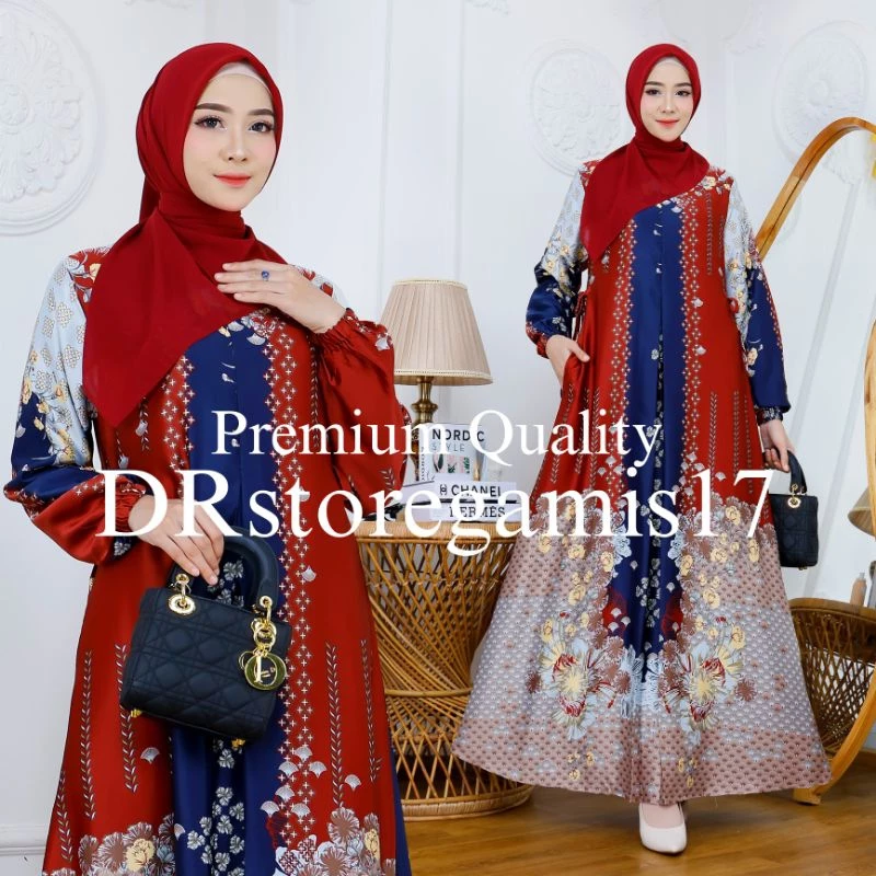 Tampilan keseluruhan gamis silk premium motif bunga