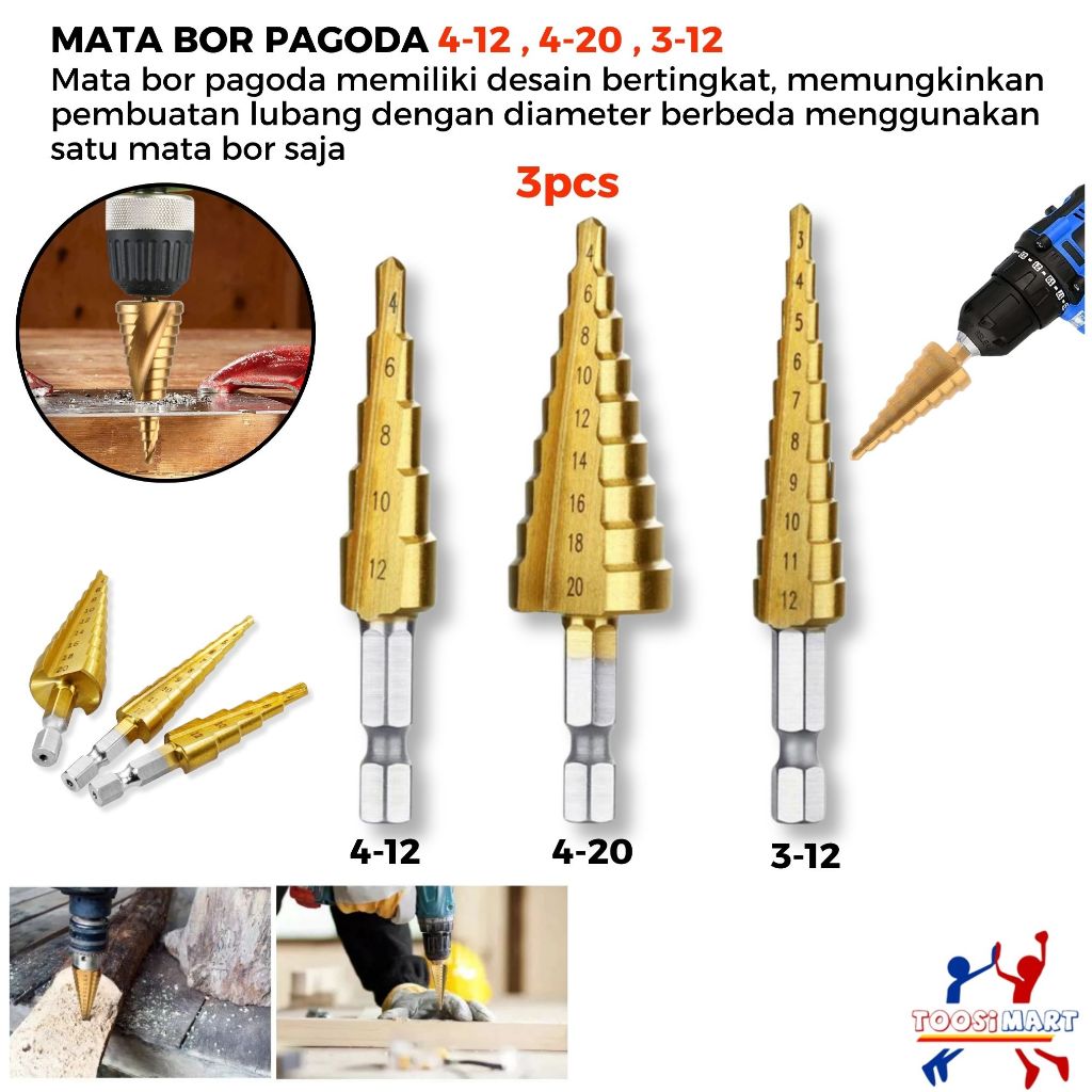 Jual 3Pcs Mata bor pagoda Spiral HSS Titanium Coating Steel Step Drill ...