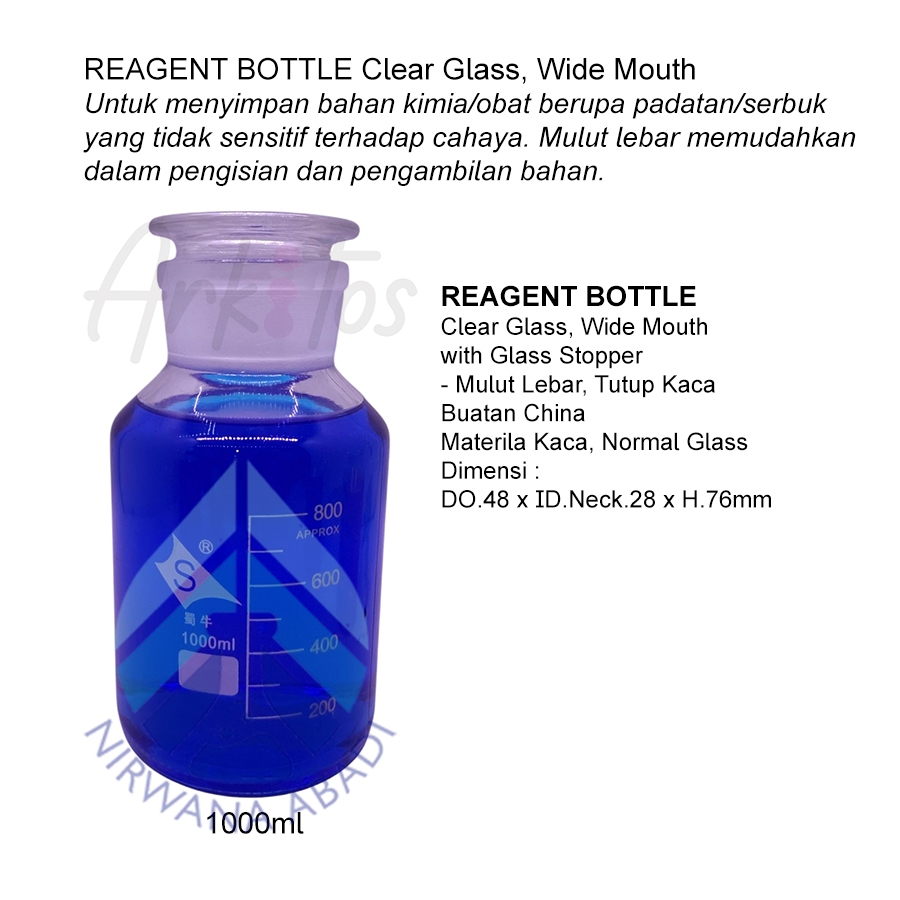 Jual Botol Reagen 1000ml Bening Mulut Lebar RRC, Reagent Bottle Clear ...