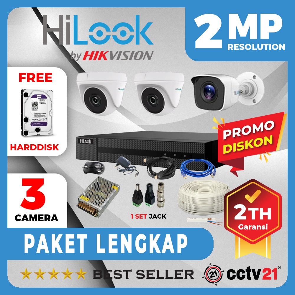 Paket CCTV HILOOK (By HikVision) 3CH Channel Kamera Full HD 2MP Komplit  Lengkap