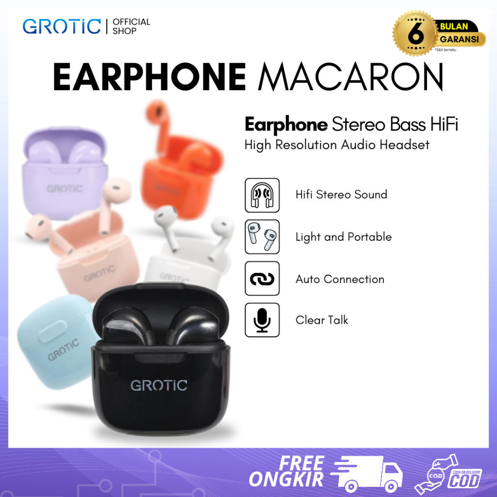 Jual GROTIC Headset Bluetooth TWS Macaron Earphone Wireless Stereo