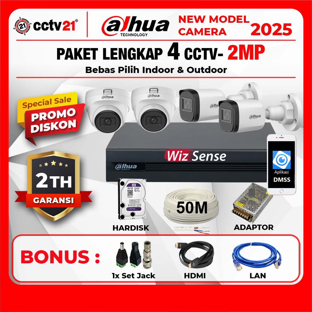 Jual Paket CCTV DAHUA 4 Channel Camera 2MP Kabel 50M Garansi Resmi NEW ...