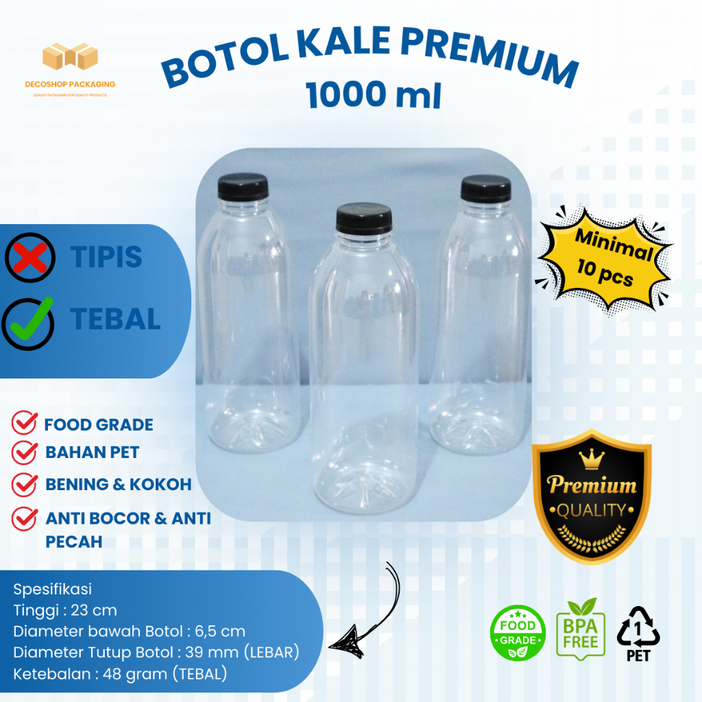 Jual Botol KALE 1000 ml 1 liter PET TEBAL BENING PREMIUM 48gr / botol ...