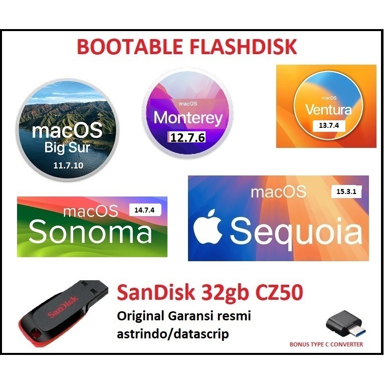 4-in-1 Bootable MacOS USB Drive (64GB) – Sequoia 15, Sonoma 14, Ventura 13, Monterey 12 | Reinstall/Recovery For Mac