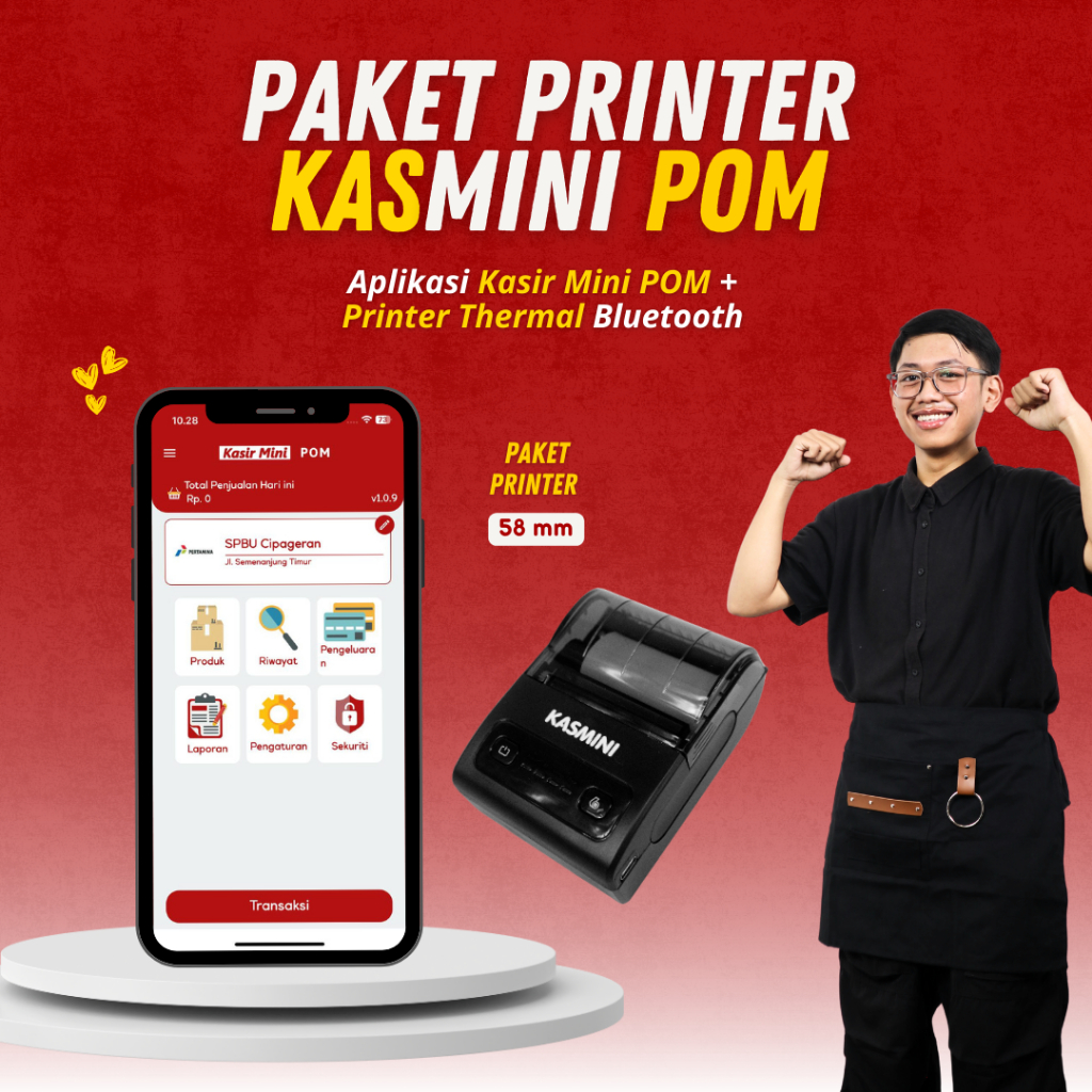 Paket Aplikasi Kasir Kasmini Pom + Printer Thermal Bluetooth - Untuk Usaha Bahan Bakar Kendaraan