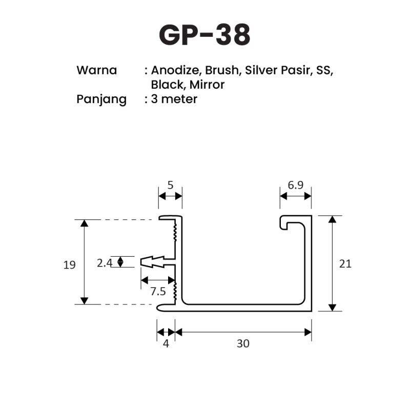 Jual HUBEN Profil Frame Handle Alumunium Aluminium GP 38 GP38 GP-38 ...