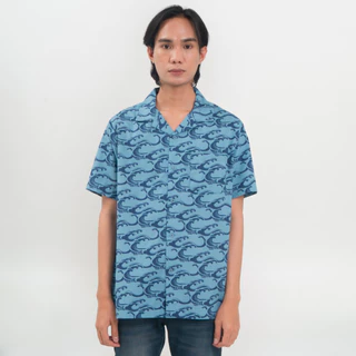 M231 Kemeja Pria TENCEL Printing Hawaii Pendek Biru 0898C