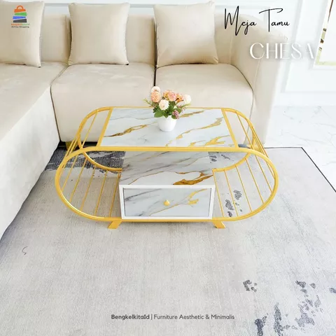 Meja Tamu Aesthetic Meja Sofa Minimalis - MEJA CHESA - Oval Kokoh Besi Holo Marmer