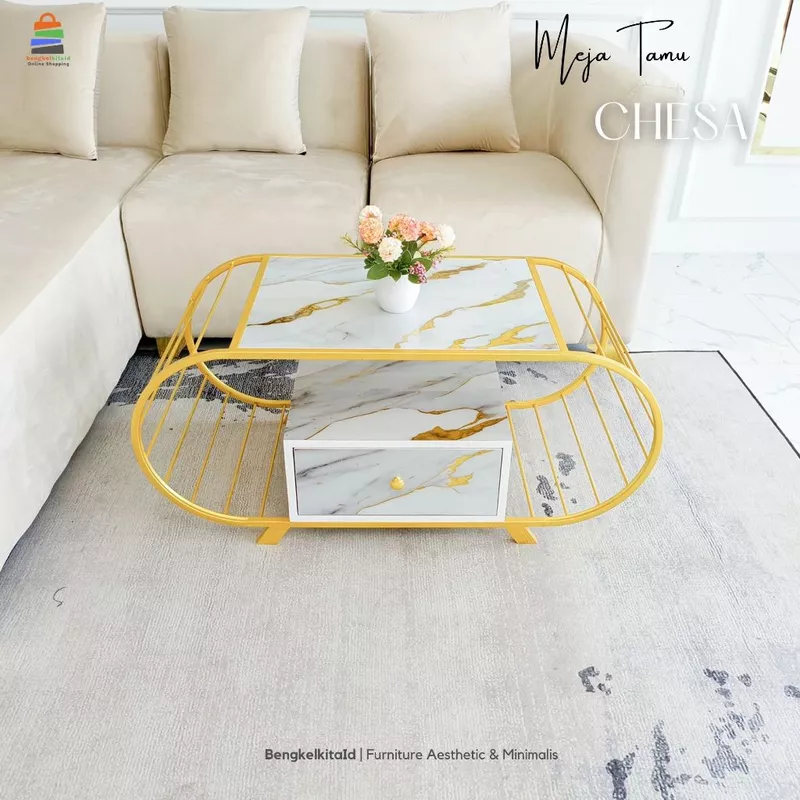 Meja Tamu Aesthetic Meja Sofa Minimalis - MEJA CHESA - Oval Kokoh Besi Holo Marmer
