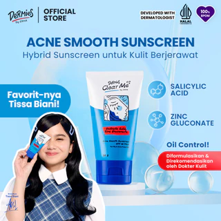 DERMIES Clear Me by ERHA Acne Smooth Sunscreen - Tabir Surya Moisturizing SPF 30 PA++ Aman untuk Kulit Berjerawat dan Sensitif Oil Control Non Alcohol Non Perfumed No Whitecast dengan Natural Dewy Glass Skin Finish 2% Salicylic Acid 30g