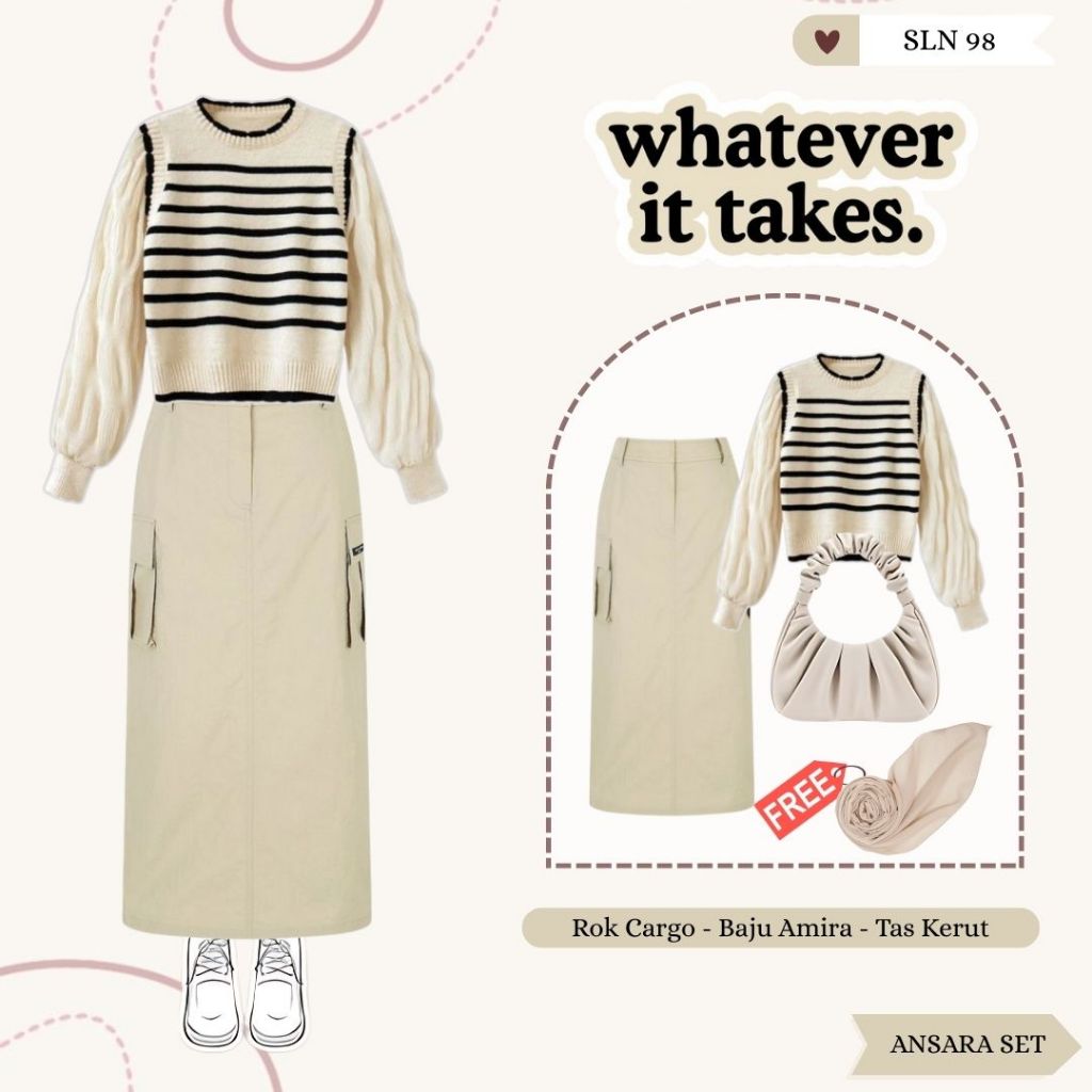 Jual 3in1 Oneset Korean Style | Rok Cargo, Baju Amira, Tas Kerut | Set ...