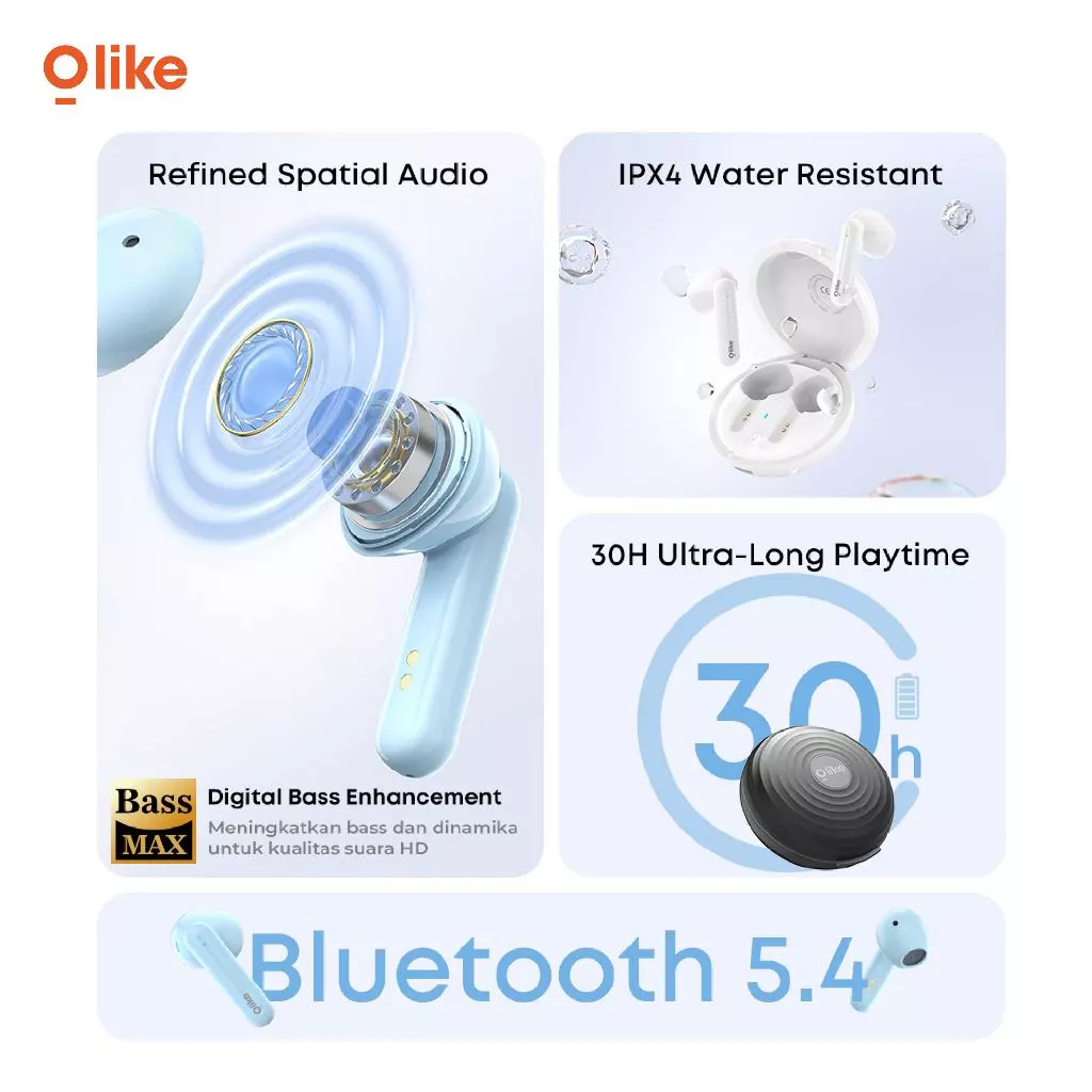 OLIKE TWS T100 Earphone In Ear Headset HIFI Wireless Bluetooth 5.3 Stereo Bass MAX | 30 Jam Playing Time | IPX4 - Garansi 1 Tahun