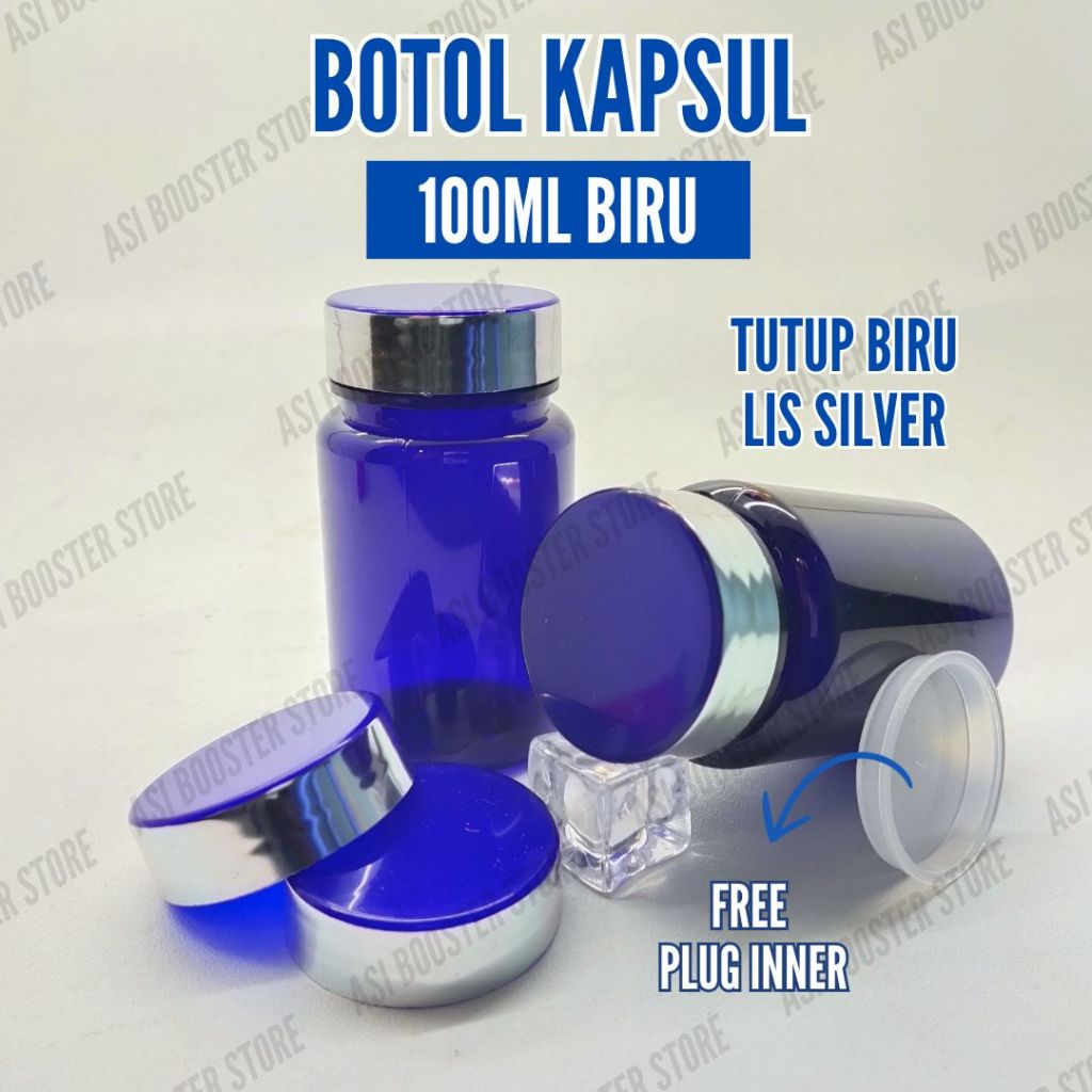 Jual BOTOL KAPSUL 100ML BIRU LIS SILVER + PLUG INNER | Shopee Indonesia