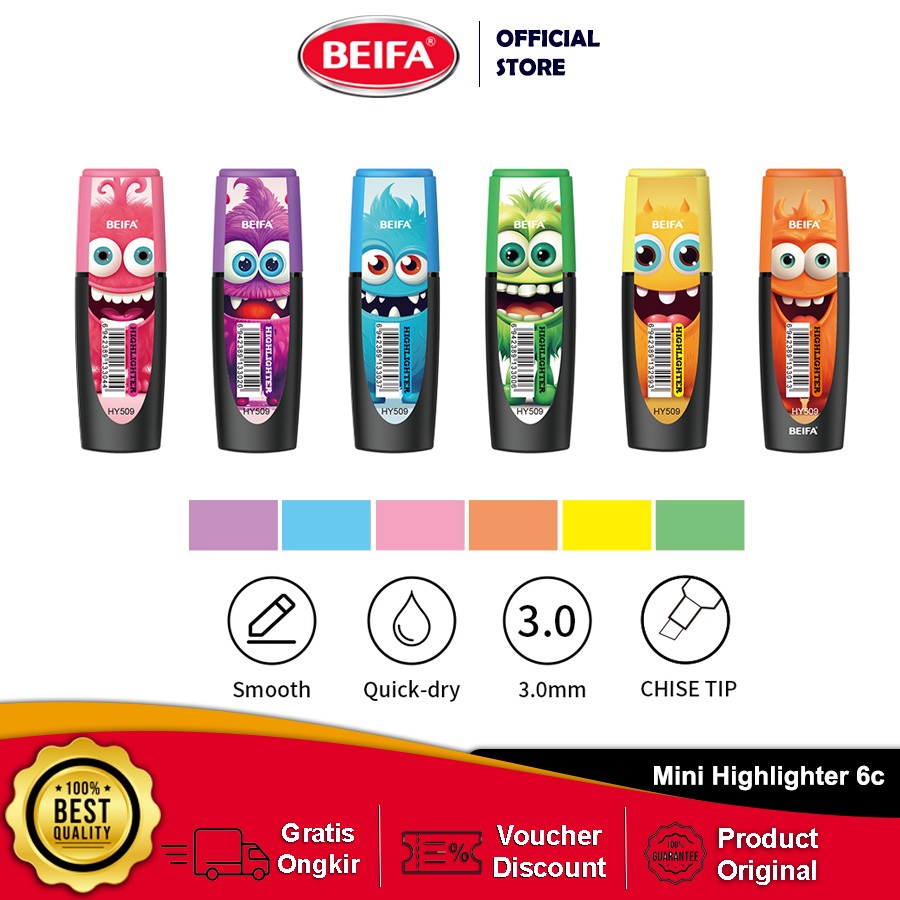 Jual Beifa Highlighter HY509 – Mini Set 7 pcs Warna Cerah, Motif Imut ...