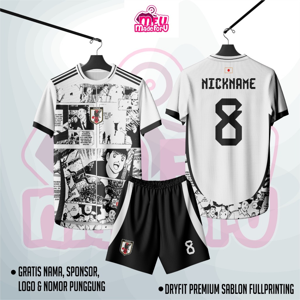 Jual Jersey Baju Wanita/Pria CAPTAIN TSUBASA HITAM PUTIH Edition Pastel