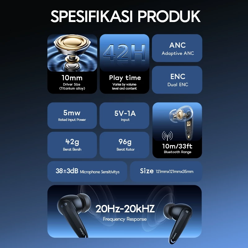 VIVAN Space T2 TWS Earbuds ANC ENC 42H Playtime 10MM Bass Driver BT5.4 Wook Audio Garansi 12 Bulan