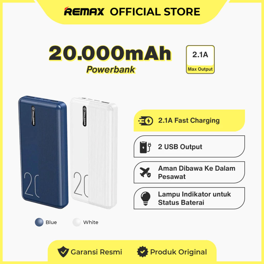 Remax Powerbank 2,1A 20000mAh Flight Friendly 2USB Port Lamp Indicator RPP-296