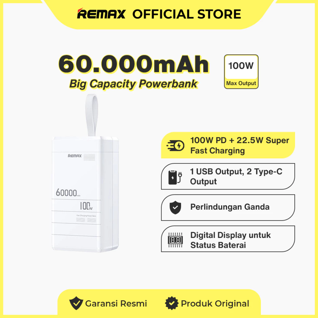 Remax Powerbank 60000mAh Support Charger Laptop 100W PD+QC Super Fast Charging RPP-650