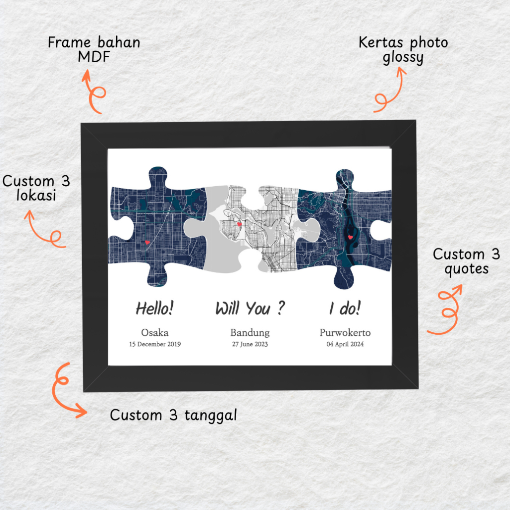 Jual Cetak Peta Frame 3 Puzzle | Hadiah LDR, Anniversary, Valentine ...