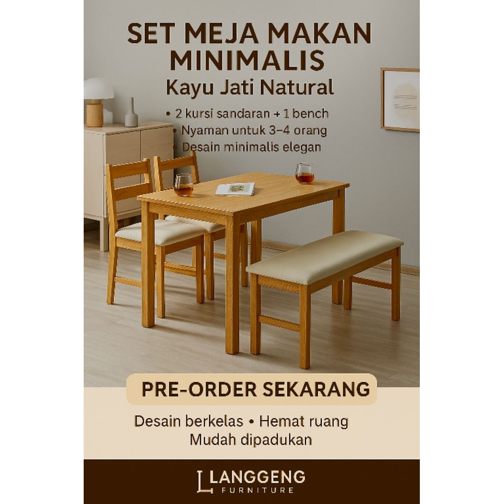 Jual Set Meja Makan Minimalis Kayu Natural – 1 Meja + 2 Kursi + 1 Bench ...