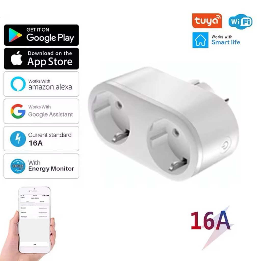 Jual Smart Plug WiFi Tuya 16A Dual Socket IoT Wireless – Pengukur Daya ...