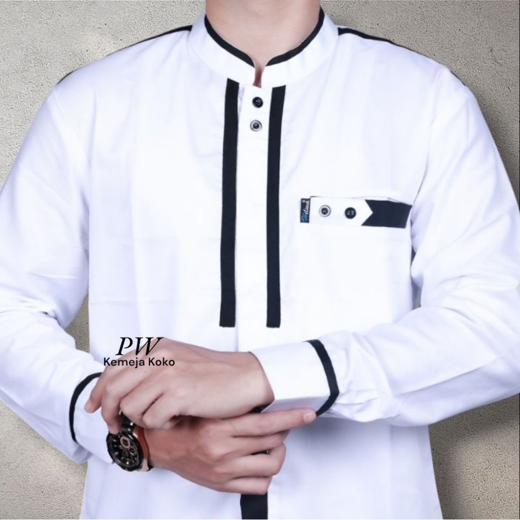 BAJU KEMEJA KOKO LENGAN PANJANG MOTIF KHATULISTIWA WARNA PUTIH Koko Hadroh Katulistiwa Katun Toyobo