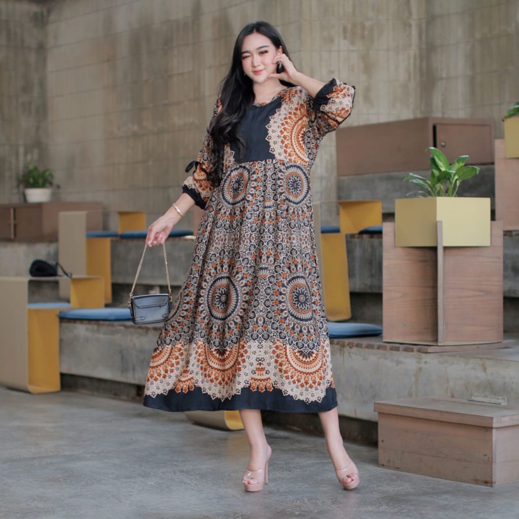 knee length dresses for ladies Textured Ruffle Rayon/Cotton Midi Dress