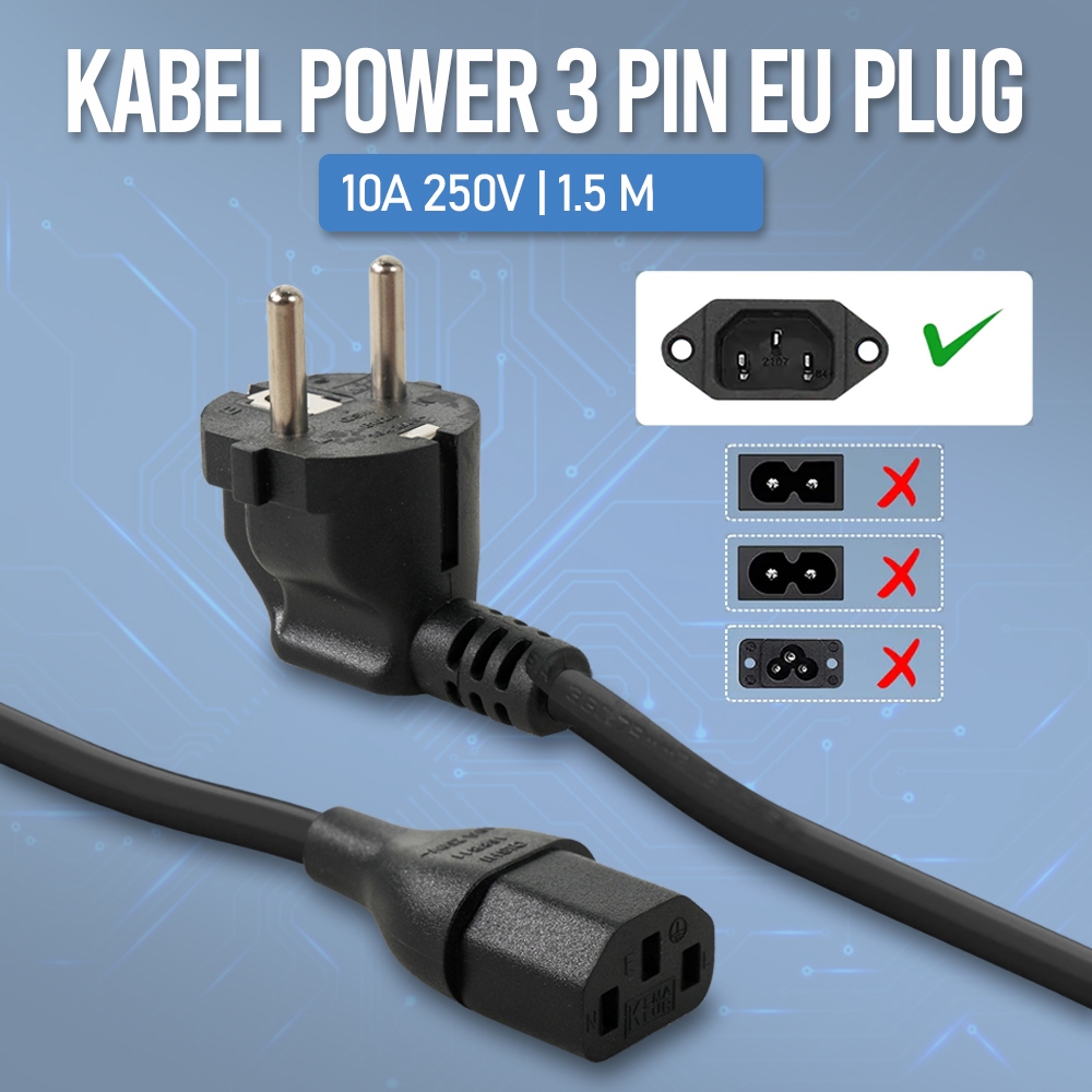 Jual Kabel Power 3 Pin 16A 250V EU Plug 1.5M - 168B11 - Black | Shopee ...